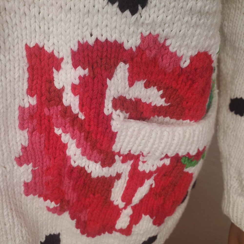 American Vintage Red Rose Polka Dot Print White Chunky Cardigan Grandma Cotton M - Picture 4 of 11